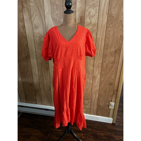 Scoop Dresses & Skirts - Scoop‎ Red Eyelet Cotton V-Neck Puff Sleeve Tiered Midi Dress XXL 20